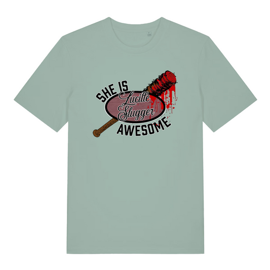 green women's graphic t-shirt with the graphic of a baseball bat dripping with blood and the slogan 'lucille slugger she is awesome'