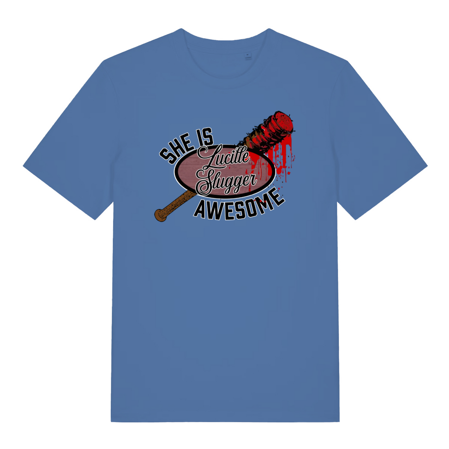 blue graphic t-shirt inspired the the tv series the walking dead featuring the graphic of a baseball bat and the slogan 'lucille slugger she is awesome'