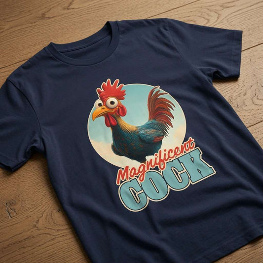 Navy Magnificent Cock t-shirt on wood featuring cartoon rooster graphic, mens witty funny cockerel pun graphic
