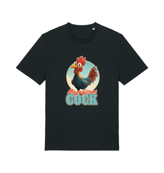 black funny offensive t-shirt with the graphic of a rooster and the slogan 'magnificent cock'