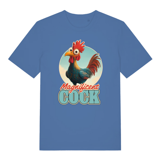blue women's funny animal t-shirt with the graphic of a cartoon rooster and the slogan 'magnificent cock'
