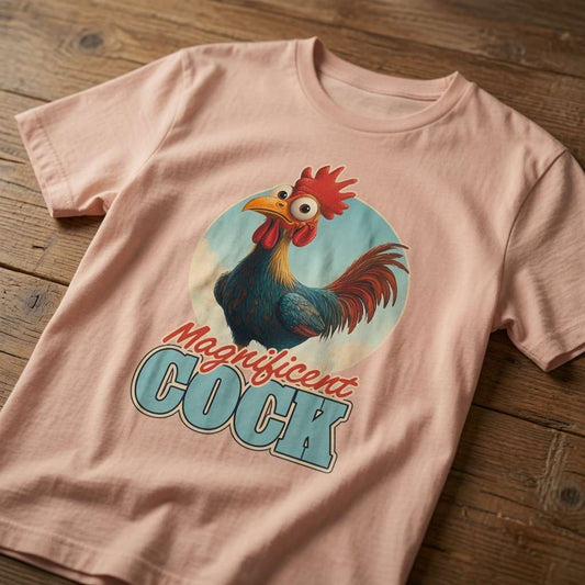 Peach Magnificent Cock t-shirt on wood with rooster design, ladies graphic