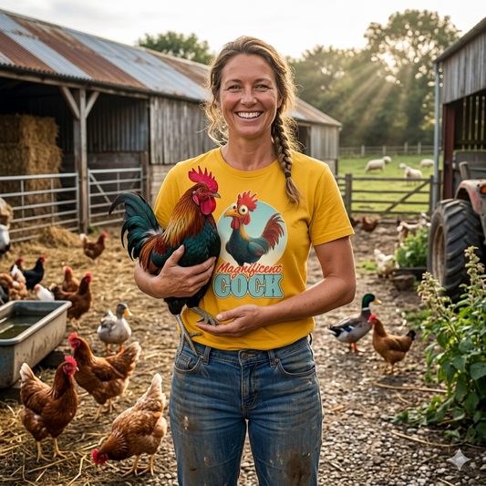 Woman holding a rooster in a farm setting with barns and animals in the background