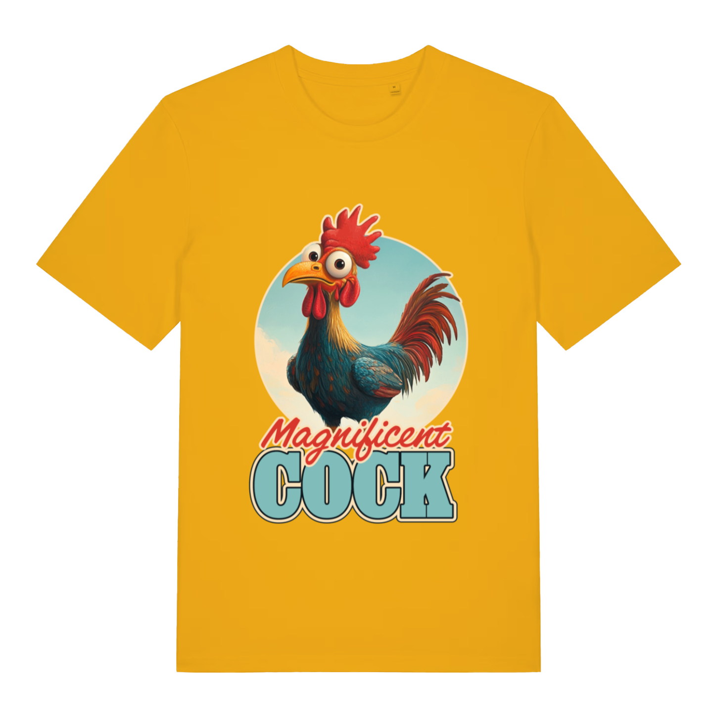 Yellow women’s Magnificent Cock funny graphic t-shirt featuring colourful cartoon rooster and bold “Magnificent COCK” lettering