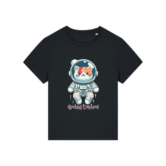 black animal t-shirt with the graphic of a cat dressed as an astronaut and the slogan 'major tom'