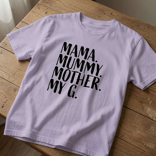 Lavender Mama Mummy Mother My G t-shirt on wood, fun ladies relatable mothers day