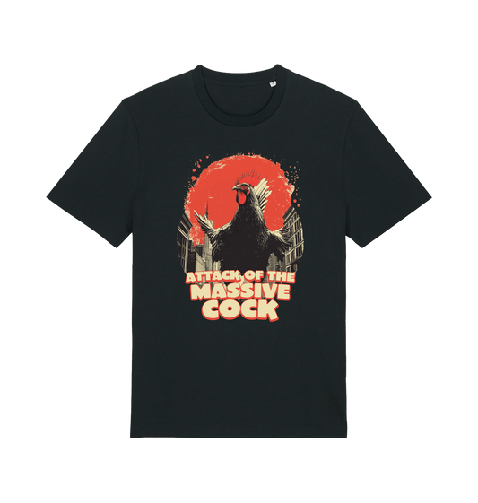 black funny animal t-shirt with the graphic of a rooster and the slogan 'attack of the massive cock'