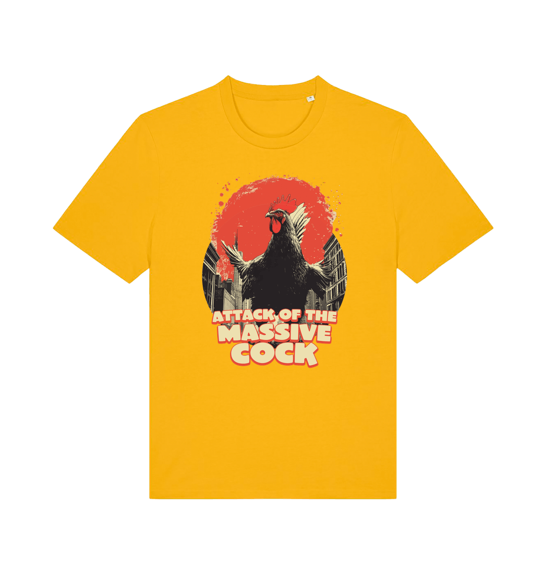 yellow funny animal t-shirt with the graphic of a rooster and the slogan 'attack of the massive cock'