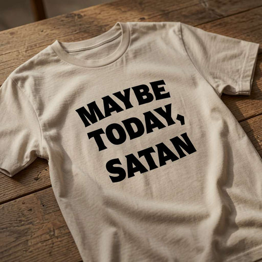 Beige Maybe Today, Satan t-shirt on wood, mens funny witty satan slogan