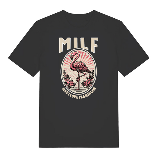 black women's funny animal t-shirt with the graphic of a flamingo and the slogan 'milf man i love flamingos'