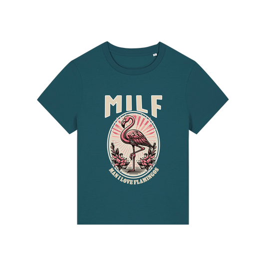 teal funny animal t-shirt with the graphic of a flamingo and the slogan 'milf .. man i love flamingos'