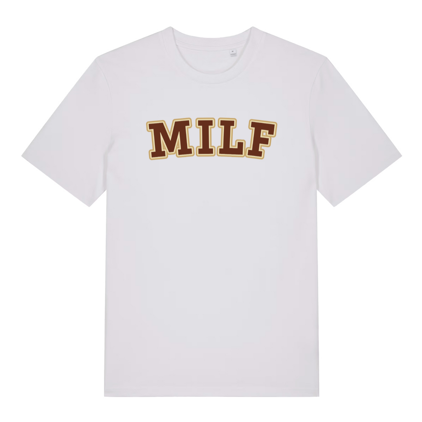 white women's slogan t-shirt with the text 'milf'