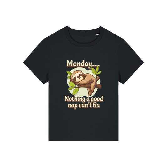black kawaii t-shirt with the graphic of a sloth and the slogan 'monday nothing a good nap can't fix'