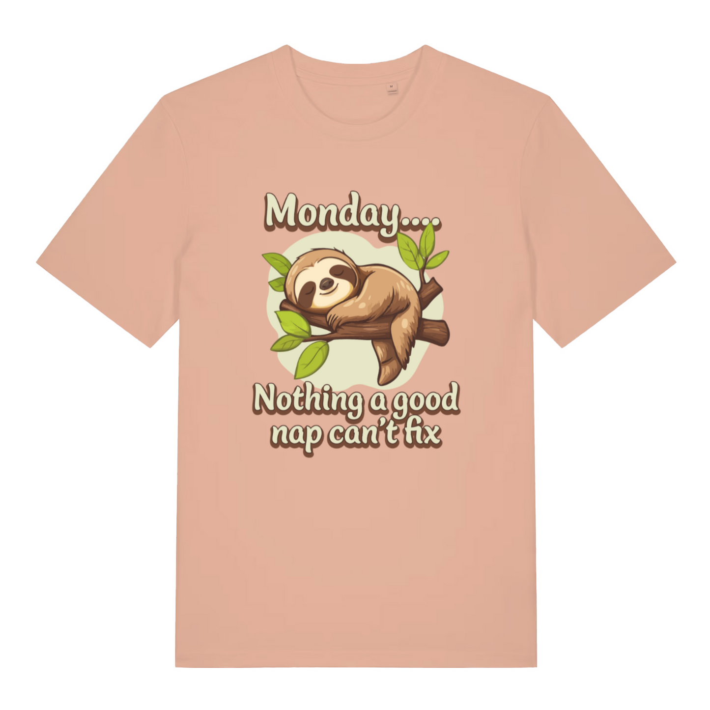 peach women's kawaii t-shirt with the graphic of a sleeping sloth and the slogan 'monday, nothing a good nap can't fix'