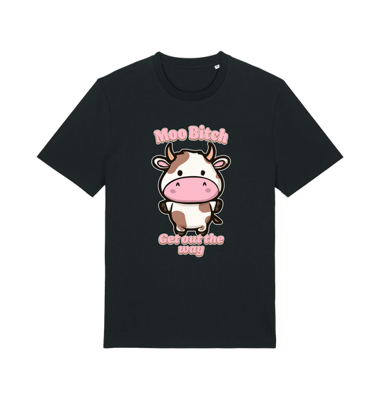 black kawaii t-shirt with the graphic of a cute cow and the slogan 'moo bitch get out the way'