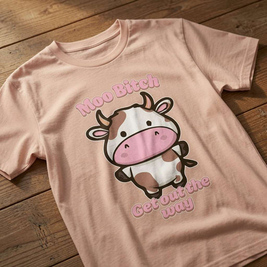 Peach Moo Bitch Get Out the Way t-shirt on wood with cow design, fun cheeky kawaii cow graphic