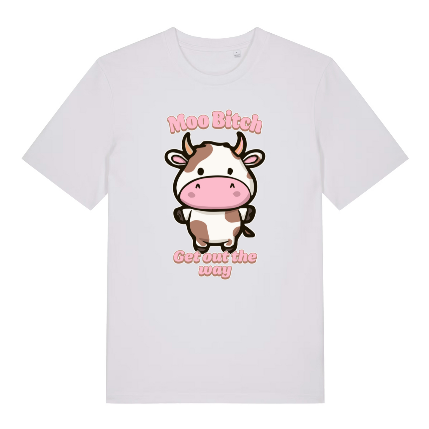 white women's kawaii t-shirt with the graphic of a cartoon cow and the slogan 'moo bitch get out the way'