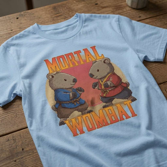 Sky blue Mortal Wombat t-shirt on wood with wombat fighters design, fun mens witty animal gamer graphic