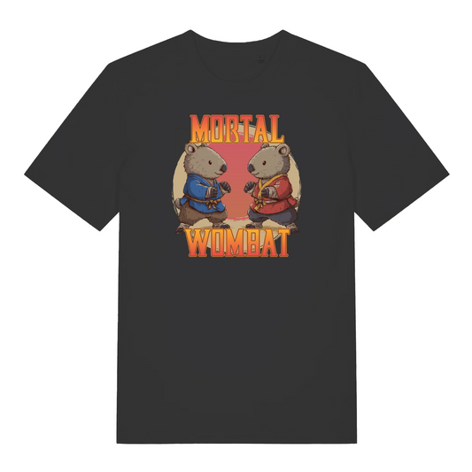 black funny animal t-shirt with the graphic of two wombats in karate kits and the slogan 'mortal wombat'