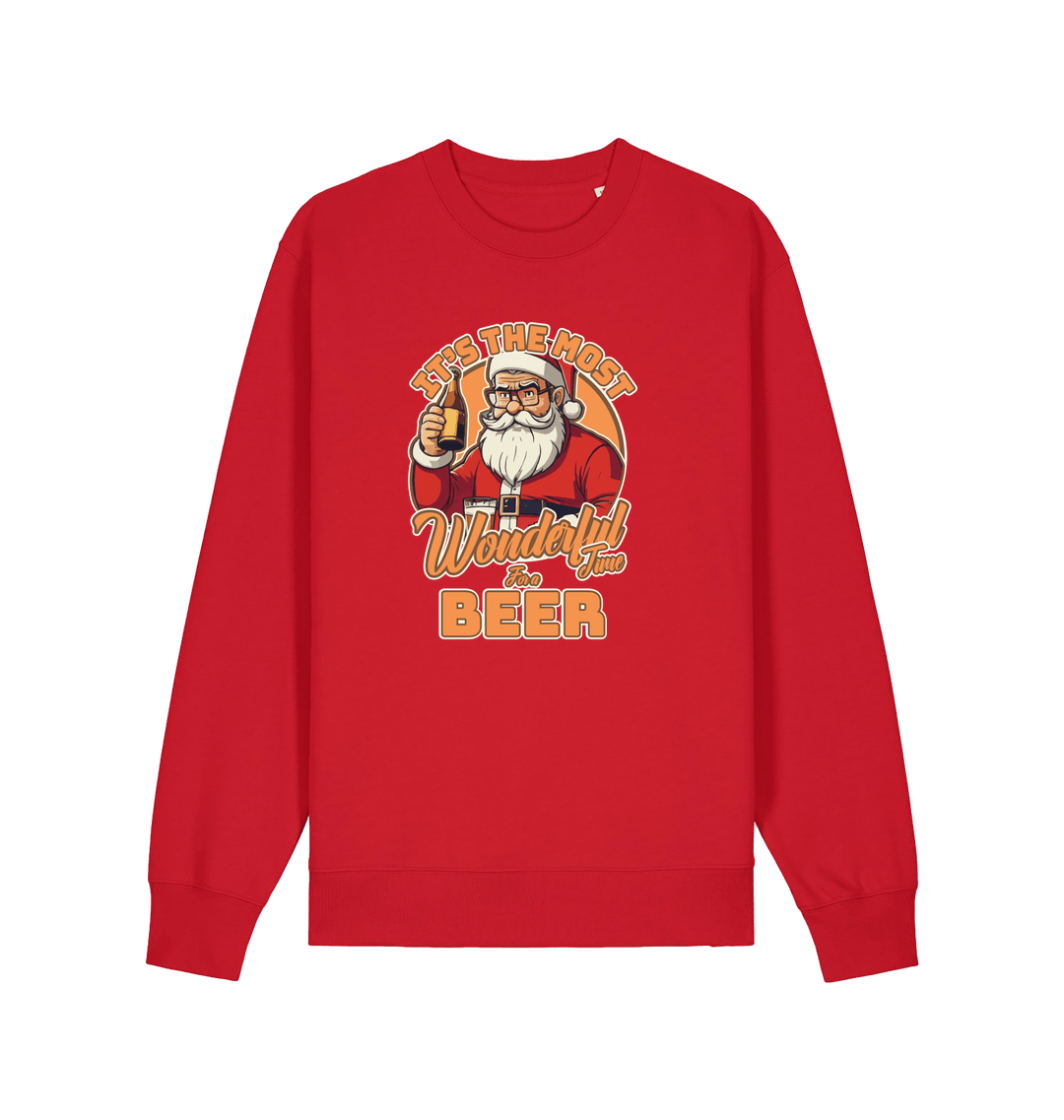 red xmas sweater with the graphic of santa drinking a beer and the slogan 'it's the most wonderful time for a beer'