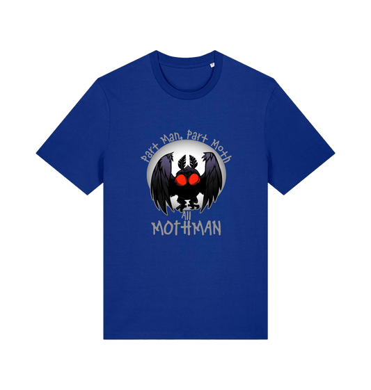 blue gaming t-shirt with the graphic of a mothman and the slogan 'part man, part moth, all mothman'