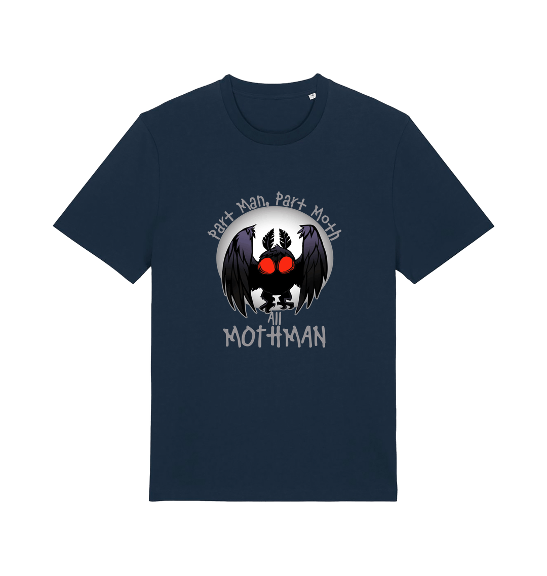 navy gaming t-shirt with the graphic of a mothman and the slogan 'part man, part moth, all mothman'