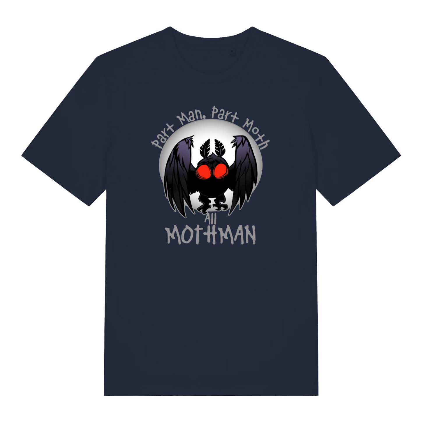 navy gaming t-shirt with a Mothman graphic and the slogan 'part man, part moth, all mothman'