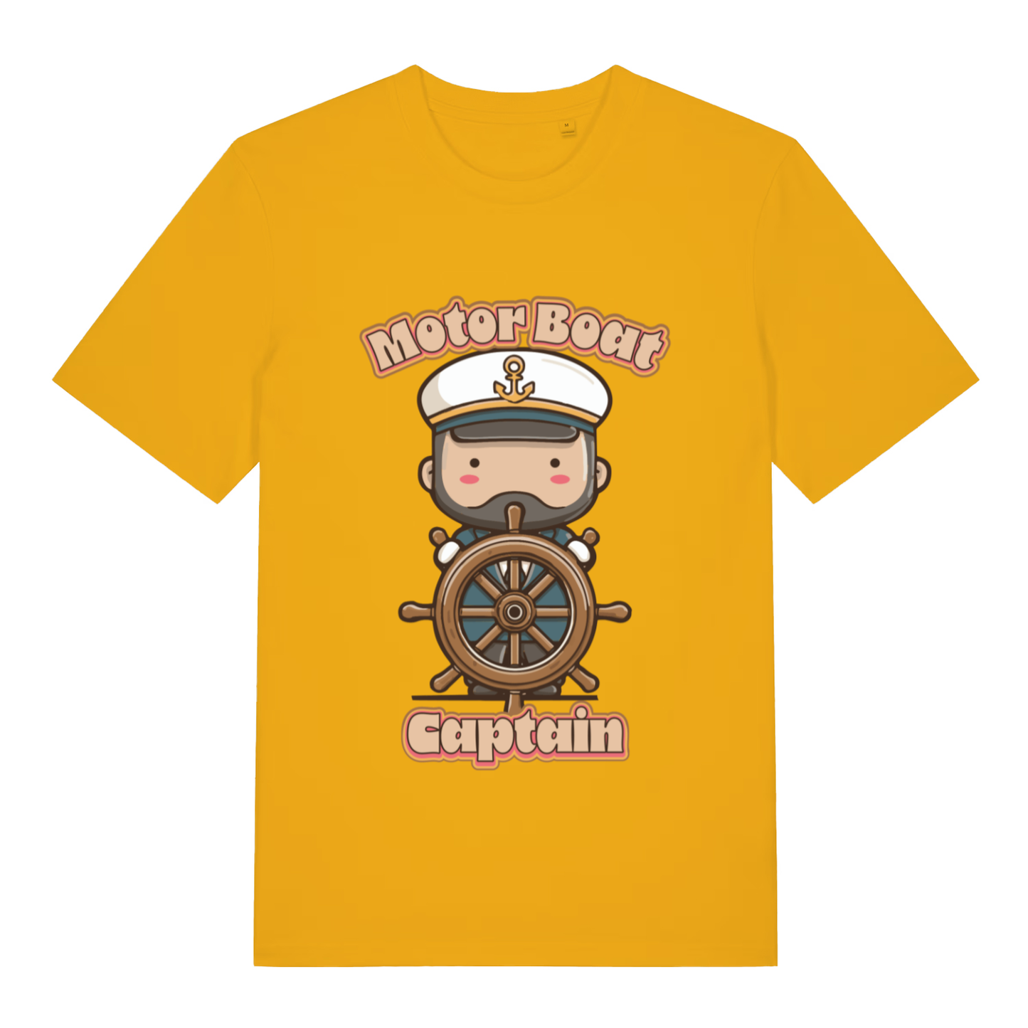 Yellow Motor Boat Captain funny graphic t-shirt featuring bearded skipper and bold slogan