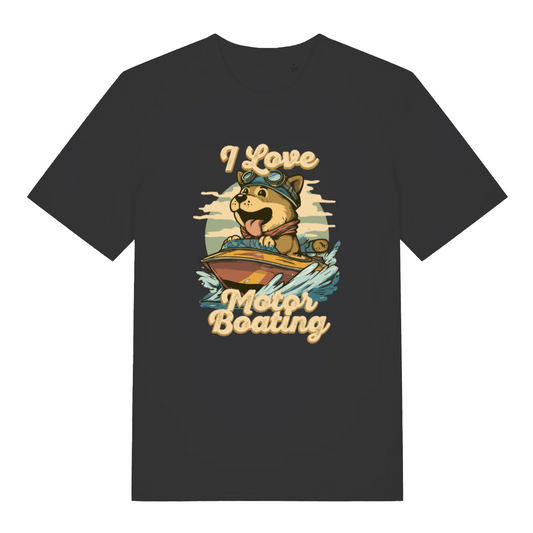 black funny offensive t-shirt with the graphic of a dog on a boat sticking it's tongue out and the slogan 'i love motor boating'