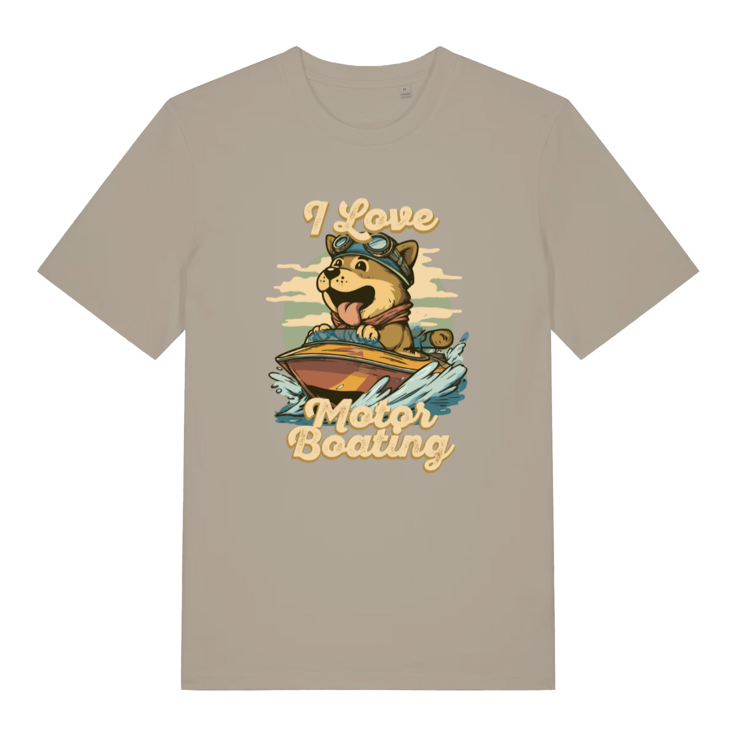 stone funny offensive t-shirt with the graphic of a dog on a boat sticking it's tongue out and the slogan 'i love motor boating'