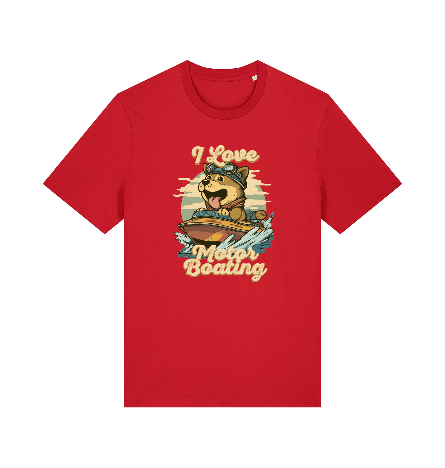red funny offensive t-shirt with a graphic of a dog on a boat and text 'I Love Motor Boating'