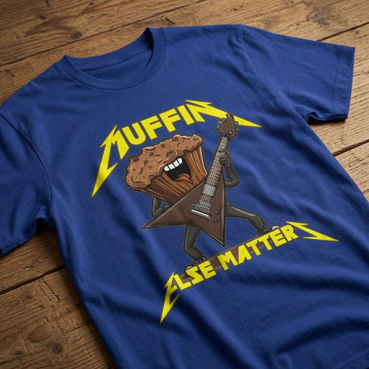 Blue Muffin Else Matters t-shirt on wood with muffin guitar design, funny witty music inspired cake pun graphic