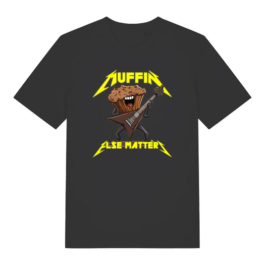 black women's funny graphic t-shirt with a cartoon muffin design and the slogan 'muffin else matters'