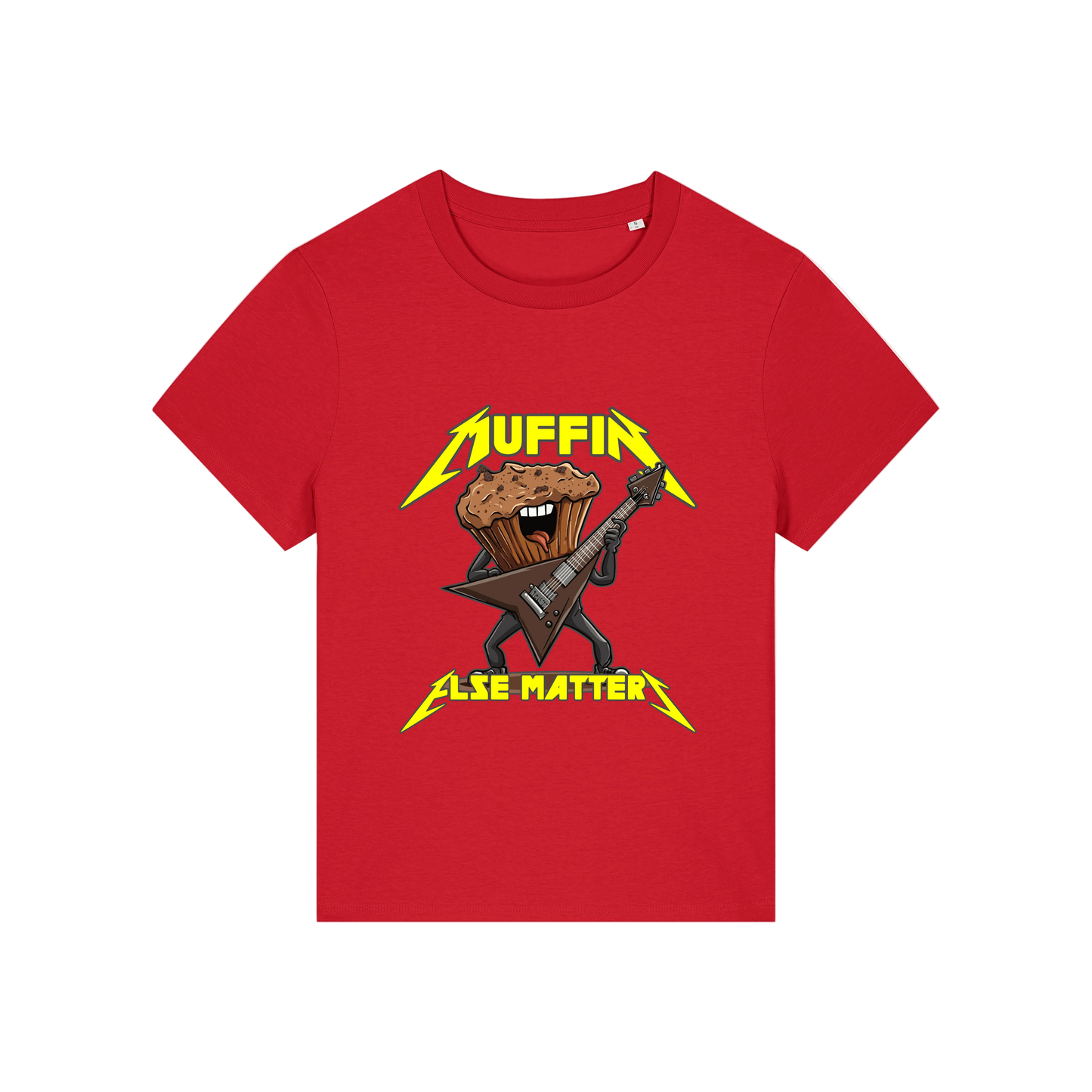 red funny graphic t-shirt with a muffin playing the guitar and the slogan 'muffin else matters'