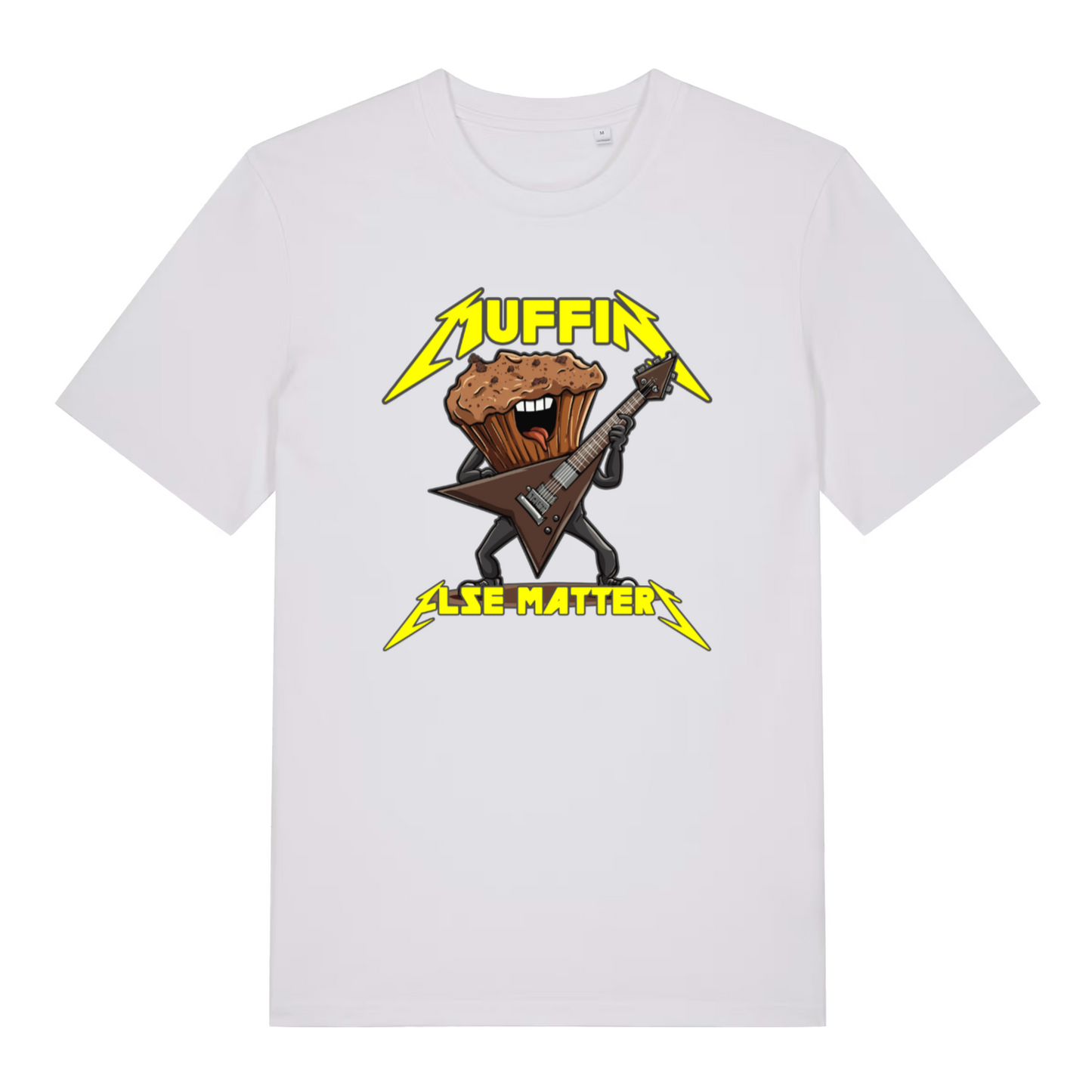 white women's funny graphic t-shirt with a cartoon muffin design and the slogan 'muffin else matters'