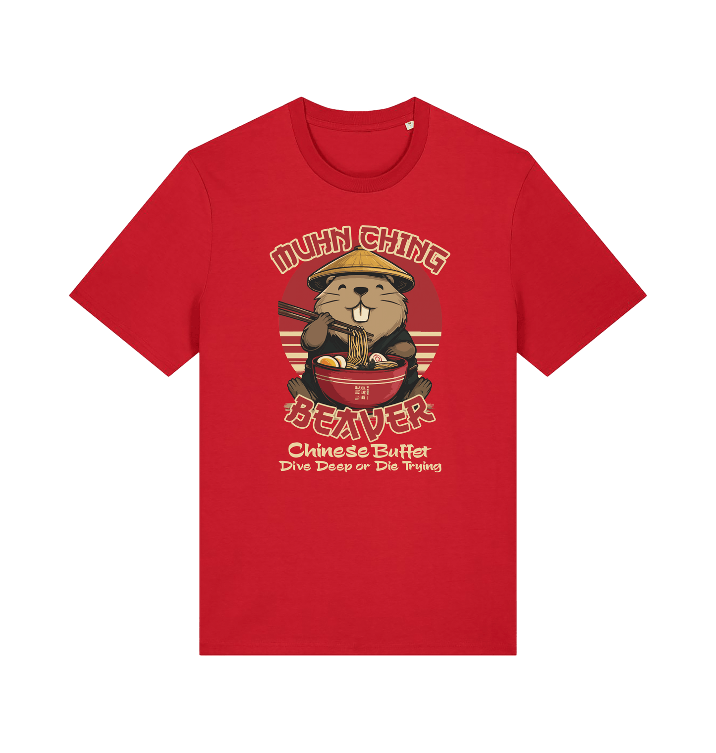 red funny offensive t-shirt with a graphic of a beaver