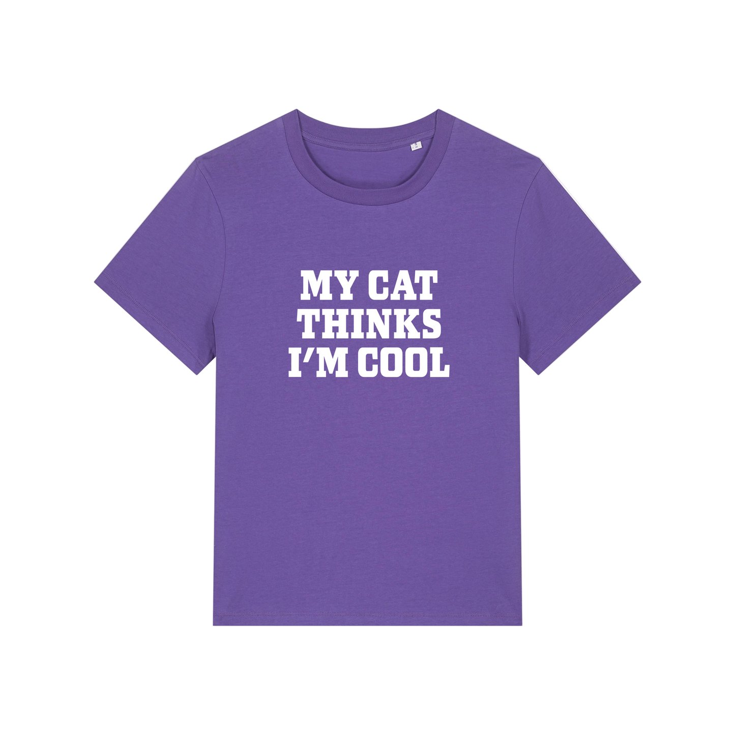 purple slogan t-shirt that reads 'my cat thinks i'm cool'