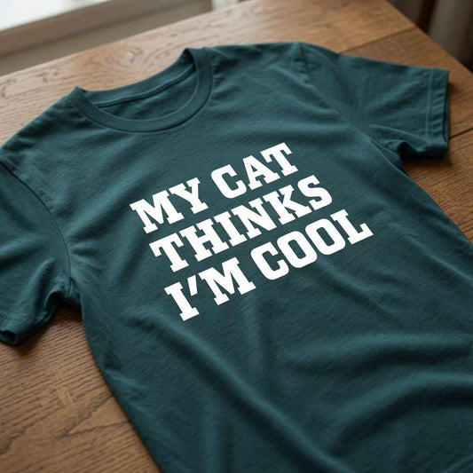 Teal My Cat Thinks I’m Cool t-shirt on wood, witty crazy cat ladies slogan