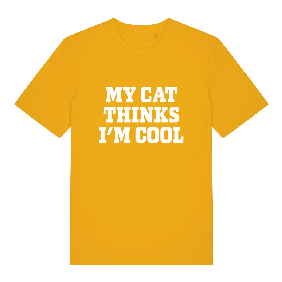 Yellow My Cat Thinks I’m Cool funny slogan t-shirt featuring clean cat owner banter
