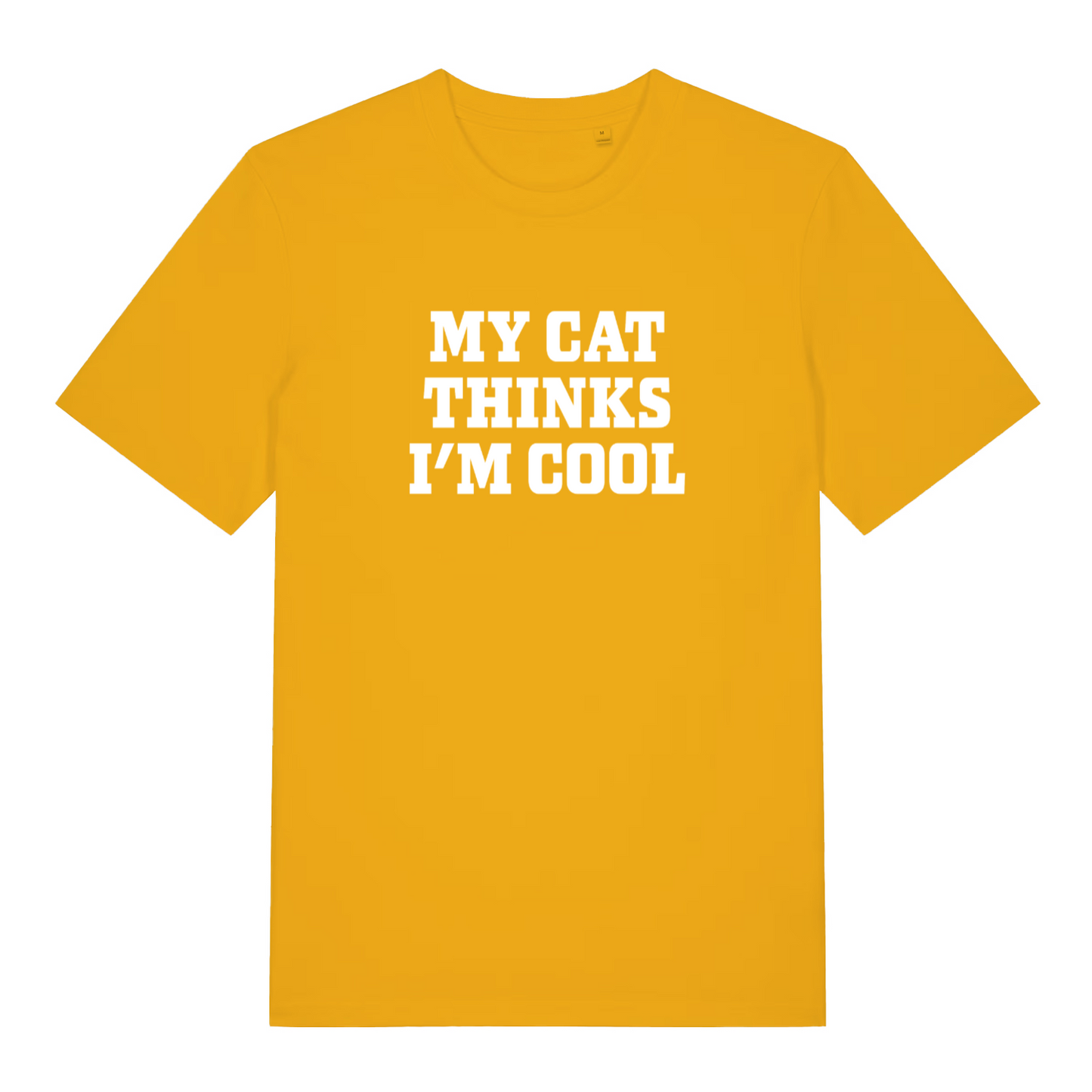 yellow women's slogan t-shirt with the text 'my cat thinks i'm cool'