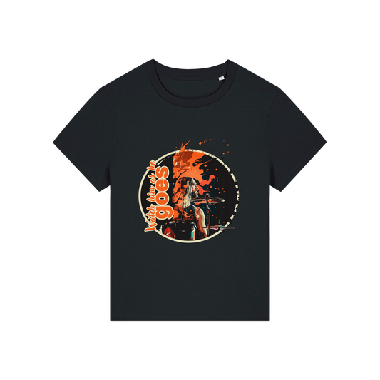 black music t-shirt inspired by the foo fighters with a graphic of taylor hawkins playing the drums and the slogan 'watch him as he goes'