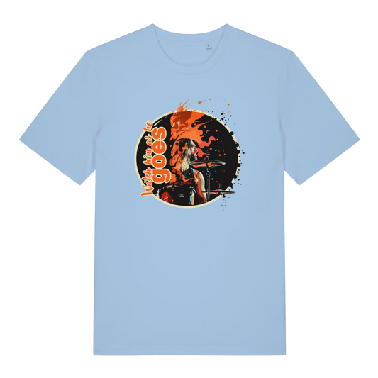 light blue women's music t-shirt with a graphic of the legendary taylor hawkins and the slogan 'watch him as he goes'