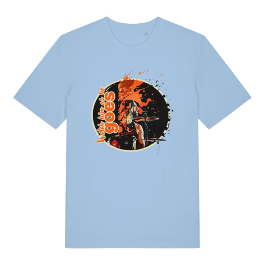 light blue music t-shirt with the graphic of the iconic taylor hawkins and the slogan 'watch him as he goes'