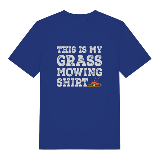 blue slogan t-shirt with white text 'This is my grass mowing shirt'