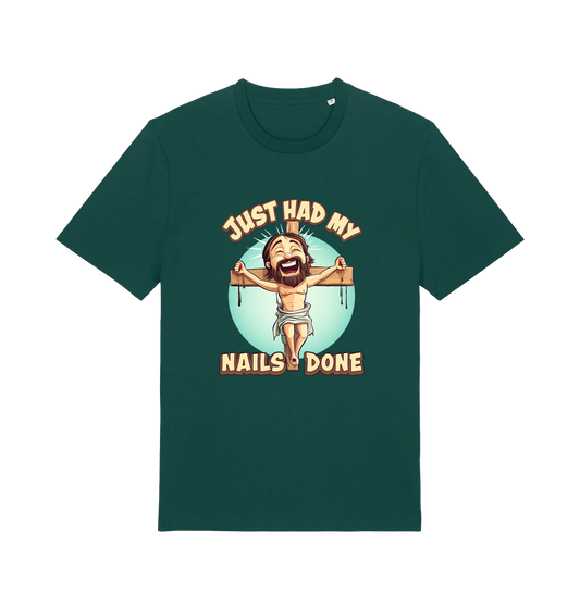 green funny jesus t-shirt with a graphic of a cartoon jesus on a cross and the slogan 'just had my nails done'