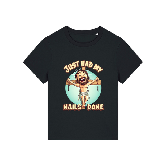 black funny jesus t-shirt with the graphic of jesus on a cross and the slogan 'just had my nails done'