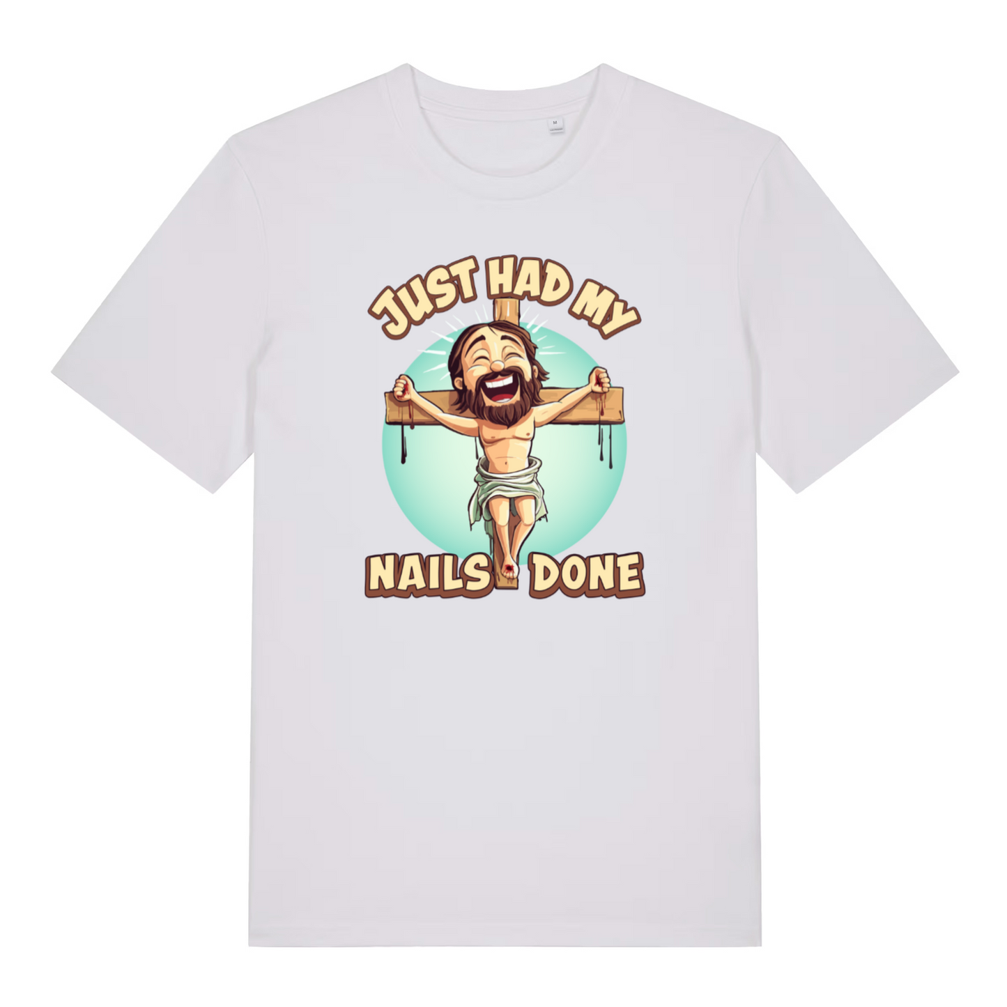 white women's funny offensive t-shirt with the graphic of jesus on the cross and the slogan 'just had my nails done'