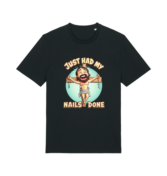 black funny jesus t-shirt with the graphic of a cartoon jesus on the cross and the slogan 'just had my nails done'