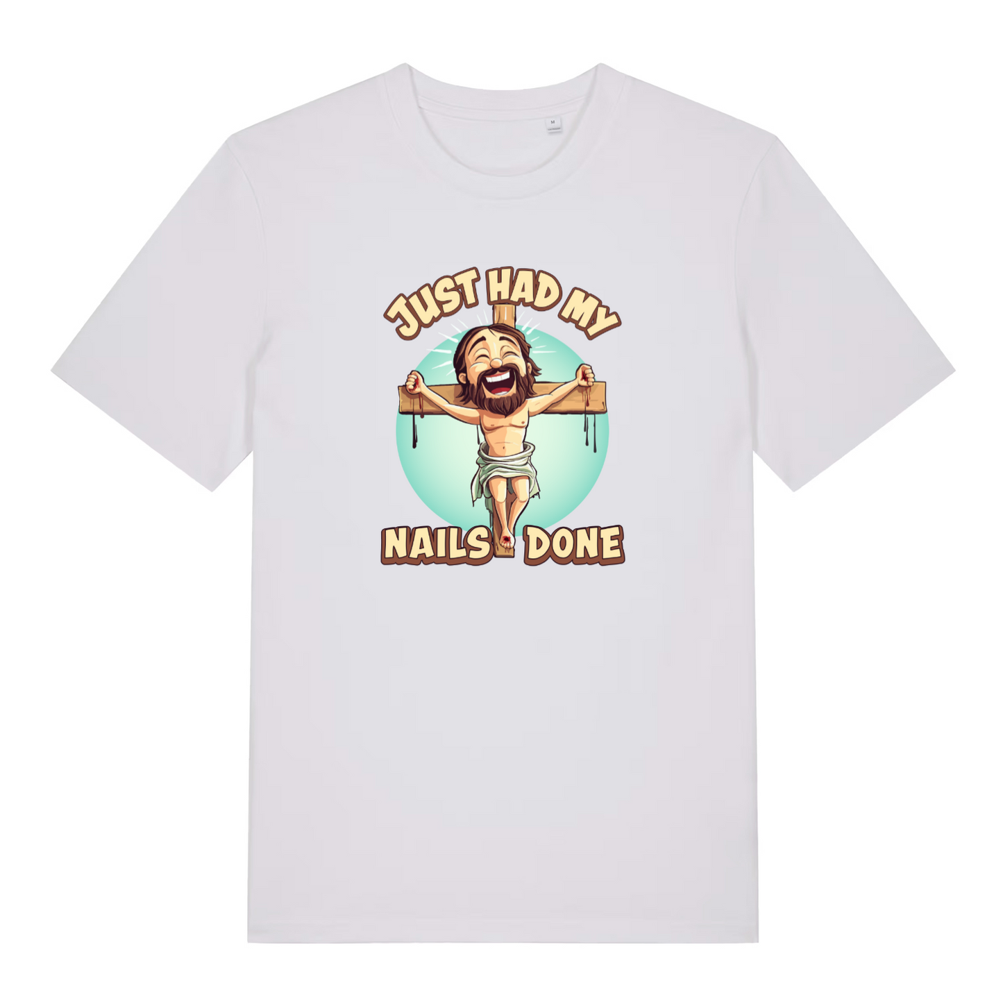 white funny offensive t-shirt with the graphic of jesus on the cross and the slogan 'just had my nails done'