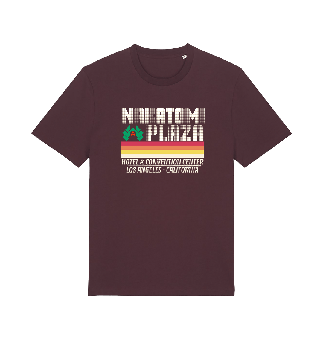 red brown christmas t-shirt with a retro design and the slogan 'nakatomi plaza hotel and convention centre'